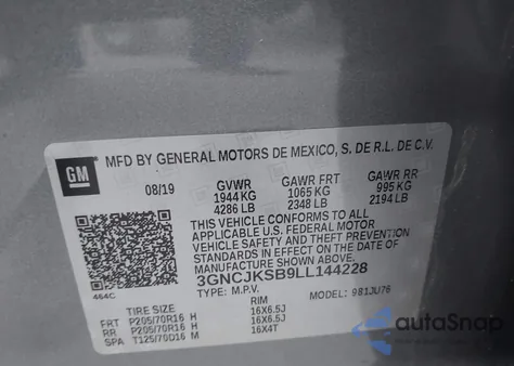 2020 Chevrolet Trax Fwd Ls из США, поврежденный, VIN 3GNCJKSB9LL144228